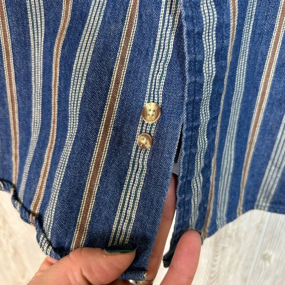 90s Mens Pinstriped Long Sleeve Denim Shirt Band Collar Hunt Club Size XL - Picture 13 of 15